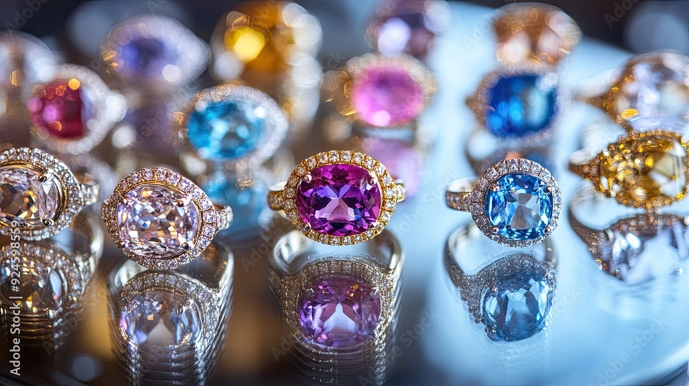 A collection of gemstone rings arranged neatly on a mirrored surface, emphasizing their vibrant colors. A collection of gemstone rings arranged neatly on a mirrored surface, emphasizing their vibrant colors.