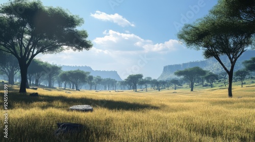 A serene grassy field with a line of trees in the distance, under a bright blue sky with white clouds.