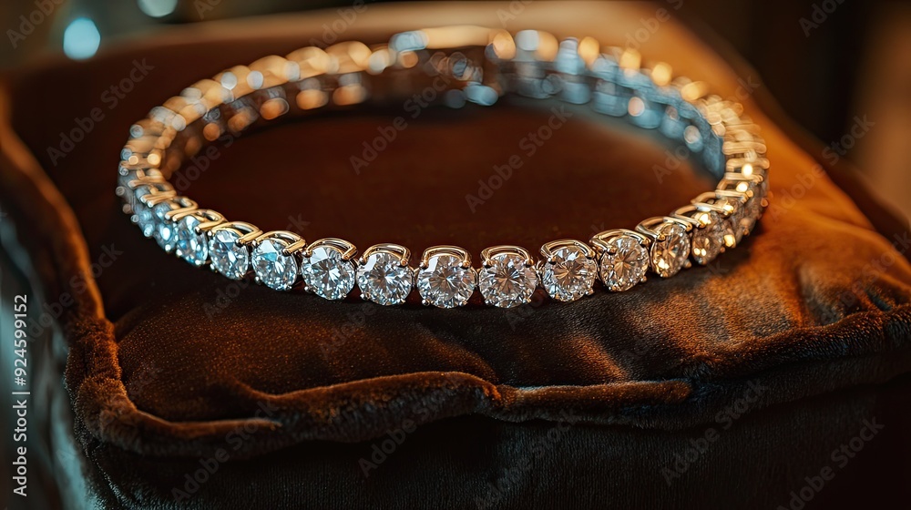 Obraz premium A delicate diamond tennis bracelet arranged elegantly on a velvet cushion.