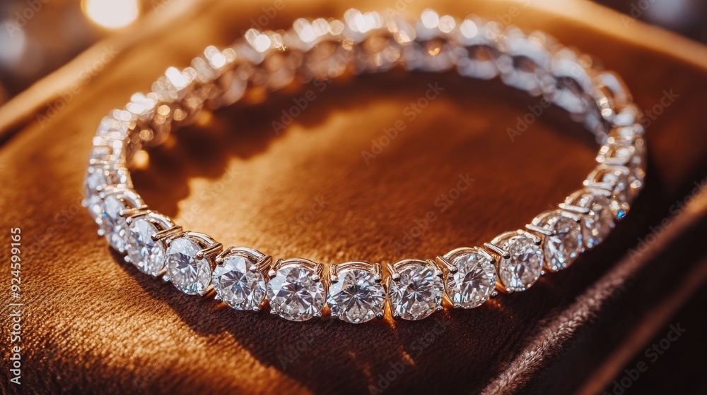 A delicate diamond tennis bracelet arranged elegantly on a velvet cushion. A delicate diamond tennis bracelet arranged elegantly on a velvet cushion.