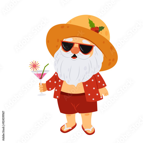 Santa Claus on vacation with a cocktail, wearing flip flops and a straw hat. Summer Christmas. Grandfather on holiday. Christmas party. Flat style illustration.