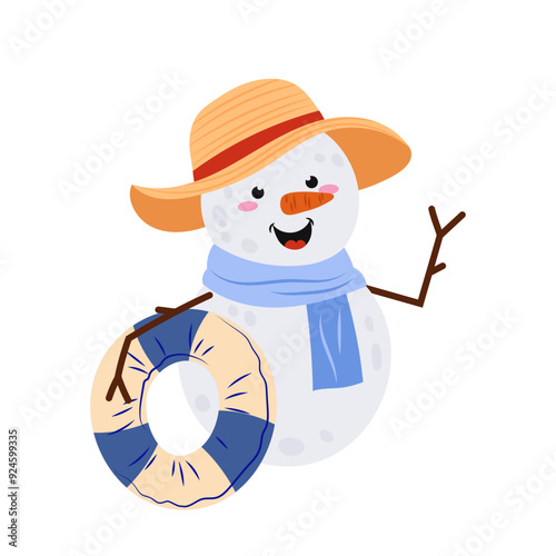 Snowman. Cute snowman with life preserver and straw hat. Summer Christmas. Snowman is having a holiday at the sea. Flat style illustration on white background.