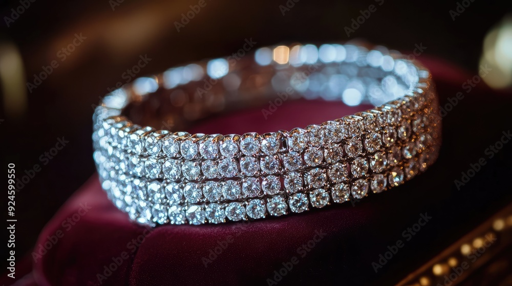 A diamond-studded bracelet arranged artfully on a velvet cushion, showcasing its brilliance. --ar 16:9 A diamond-studded bracelet arranged artfully on a velvet cushion, showcasing its brilliance. --ar 16:9