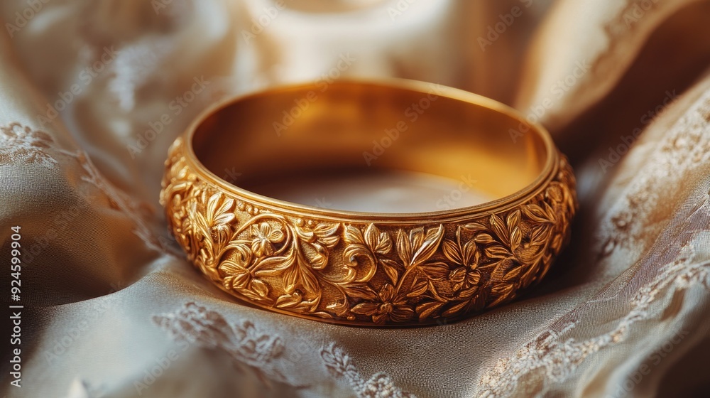 A gold bangle with intricate carvings, displayed on a soft fabric background for a luxurious feel. A gold bangle with intricate carvings, displayed on a soft fabric background for a luxurious feel.