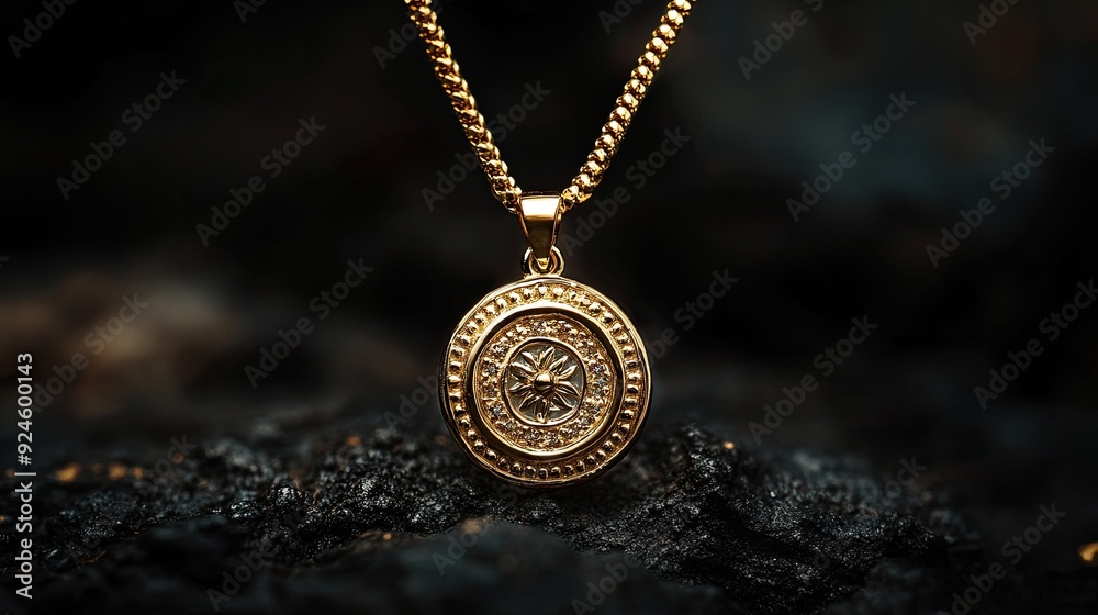 A gold pendant with a delicate chain, displayed on a dark background to highlight its shine. --ar 16:9 A gold pendant with a delicate chain, displayed on a dark background to highlight its shine. --ar 16:9