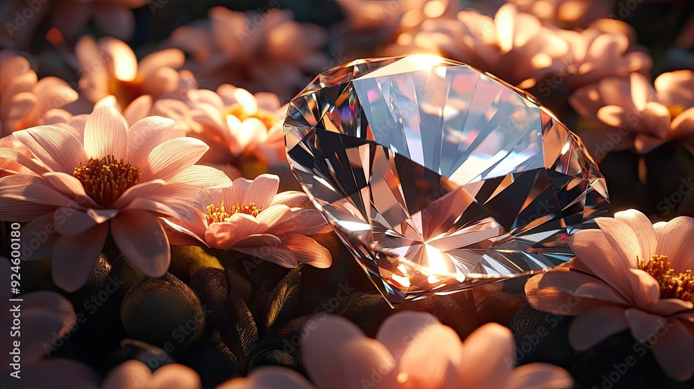 A large diamond glowing amidst a bed of flowers, merging the brilliance of luxury with natural beauty, no people. A large diamond glowing amidst a bed of flowers, merging the brilliance of luxury with natural beauty, no people.