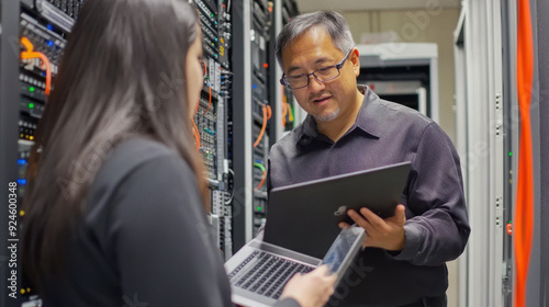 Supervisor in a modern server room, reviewing hardware on a laptop, receiving feedback from