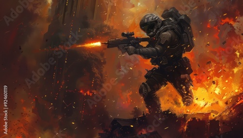 Soldier Fighting in a Burning Cityscape