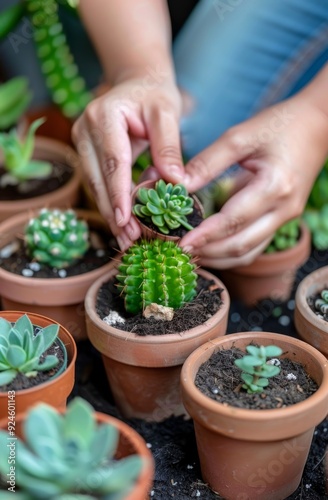 Gardener Transplanting Succulent and Cactus Plants in Terracotta Pots Outdoors