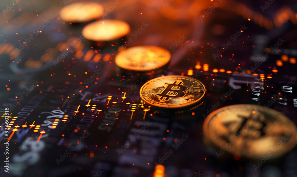 Gold coins with a dollar and bitcoins sign on top stacked in front of a rising graph line and trading chart background, concept of business success, economic or market growth, investment revenue Gold coins with a dollar and bitcoins sign on top stacked in front of a rising graph line and trading chart background, concept of business success, economic or market growth, investment revenue