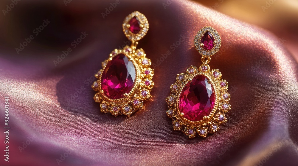 A pair of ruby earrings with intricate gold settings, displayed against a soft fabric. A pair of ruby earrings with intricate gold settings, displayed against a soft fabric.