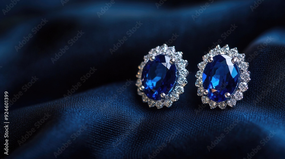 A pair of sapphire earrings arranged on a dark fabric background, emphasizing their deep blue color.