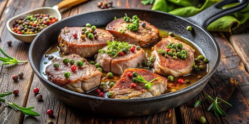 Savory duroc pork fillet pieces, crispy fried to perfection, are nestled among capers and aromatic spices in a worn, rustic skillet, exuding comfort food appeal. photo