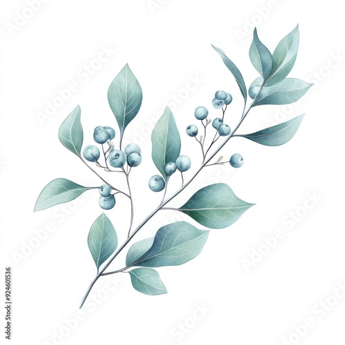 Watercolor painting of a delicate sprig with teal berries and leaves on white background.