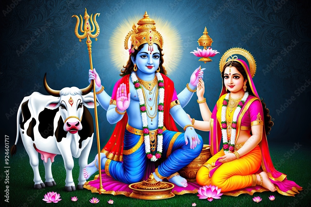 Fototapeta premium Lord Krishna with Radha Cow and Lotus in a Dark Mood Artistic Representation