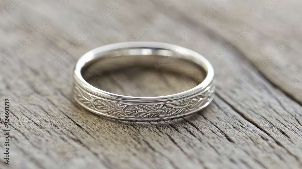 A platinum wedding band with engraved details, placed delicately on a wooden surface. A platinum wedding band with engraved details, placed delicately on a wooden surface.
