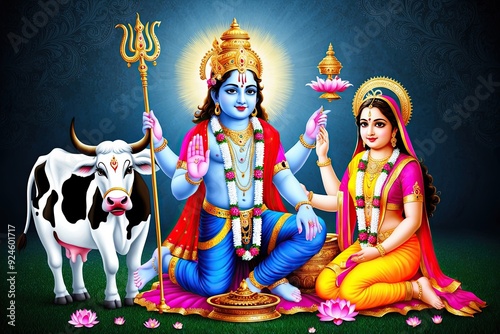 Lord Krishna with Radha Cow and Lotus in a Dark Mood Artistic Representation photo