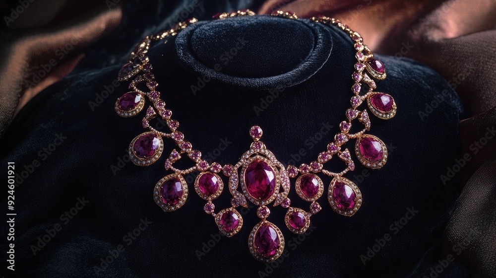 A ruby-studded necklace with a matching pendant, displayed against a dark velvet background. A ruby-studded necklace with a matching pendant, displayed against a dark velvet background.