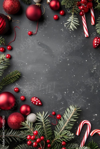 Festive Christmas Decorations With Ornaments, Candy Canes, and Gifts on Dark ...