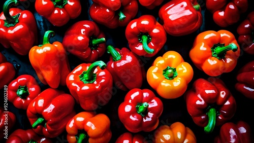 Beautiful top-down view close-up photo of bunch of red and orange ripe bell peppers covered in fresn water dew droplets on dark background. Capsicum annuum advertisement organic food photography. photo