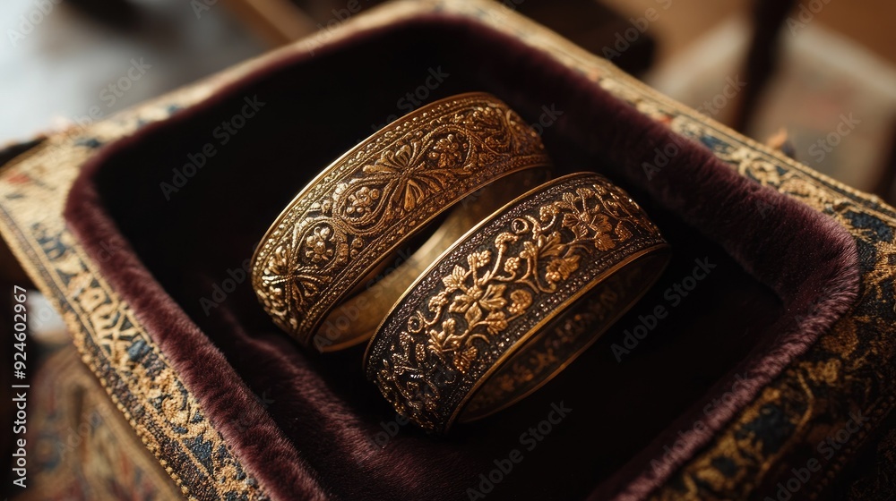 A set of gold bangles with intricate designs, placed delicately on a velvet cushion. A set of gold bangles with intricate designs, placed delicately on a velvet cushion.