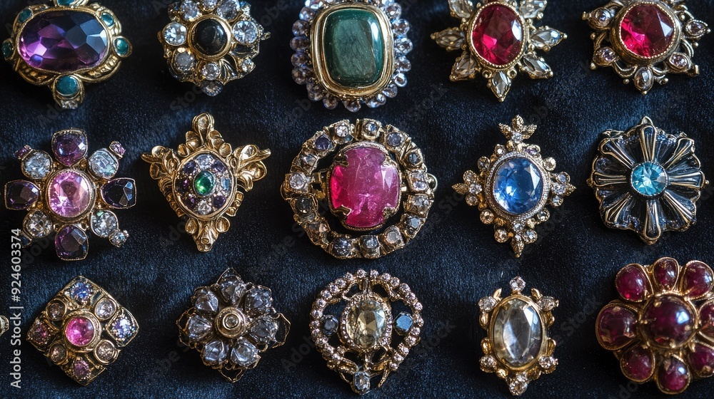 An array of gemstone brooches, each with unique designs, arranged on a dark velvet surface. An array of gemstone brooches, each with unique designs, arranged on a dark velvet surface.