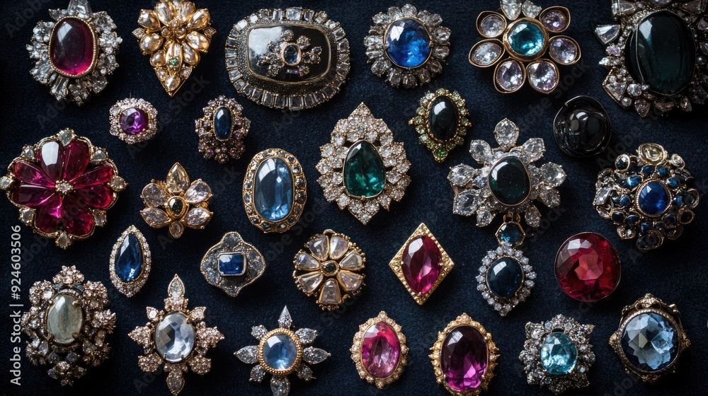 An array of gemstone brooches, each with unique designs, arranged on a dark velvet surface. An array of gemstone brooches, each with unique designs, arranged on a dark velvet surface.