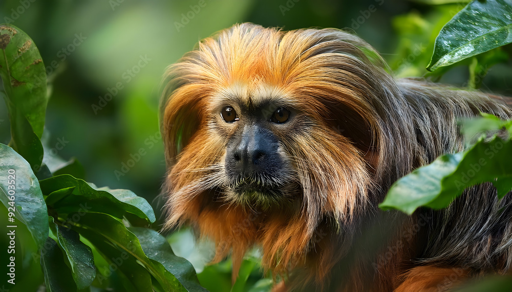 High-resolution golden lion tamarin surrounded by vibrant leaves, realistic animal portrait High-resolution golden lion tamarin surrounded by vibrant leaves, realistic animal portrait