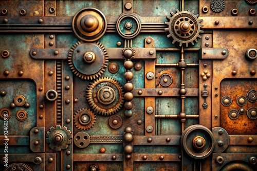 Industrial Metalwork: Grunge, rusted textures, metallic hues, rivets, bolts, cyberpunk