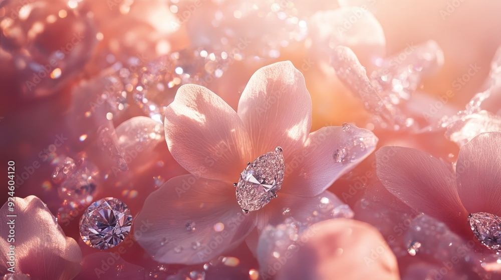 Sparkling diamonds reflecting light among blooming petals, showcasing nature and luxury, no people. Sparkling diamonds reflecting light among blooming petals, showcasing nature and luxury, no people.