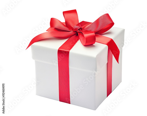 White gift box with red ribbon bow, isolated on white