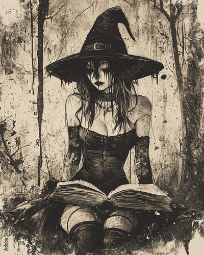 Halloween sexy Witch wearing sexy clothes and wiches hat with magic Book of spells. Ai Generative photo