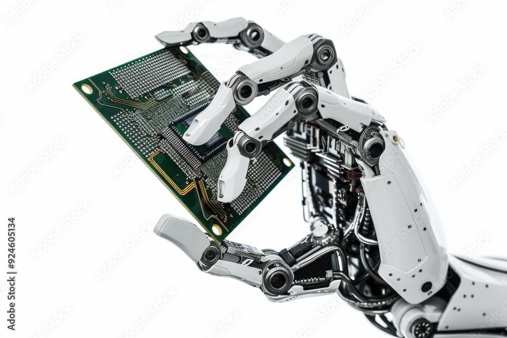 Close-up view of a robot's hand grasping a circuit board Close-up view of a robot's hand grasping a circuit board