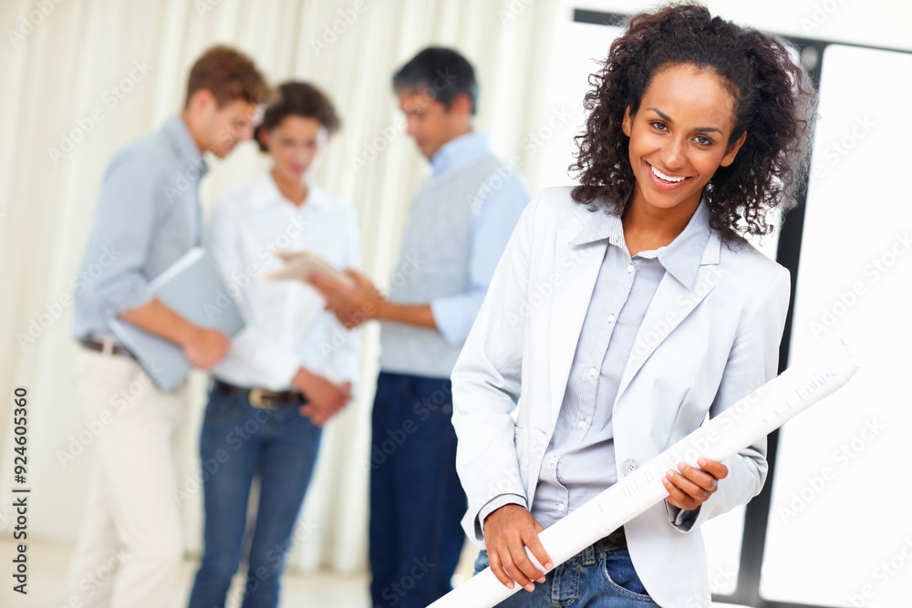 Blueprints, leadership and portrait of architect woman in office for company or project management. Building, floor plan and smile with confident manager in professional workplace for development Blueprints, leadership and portrait of architect woman in office for company or project management. Building, floor plan and smile with confident manager in professional workplace for development