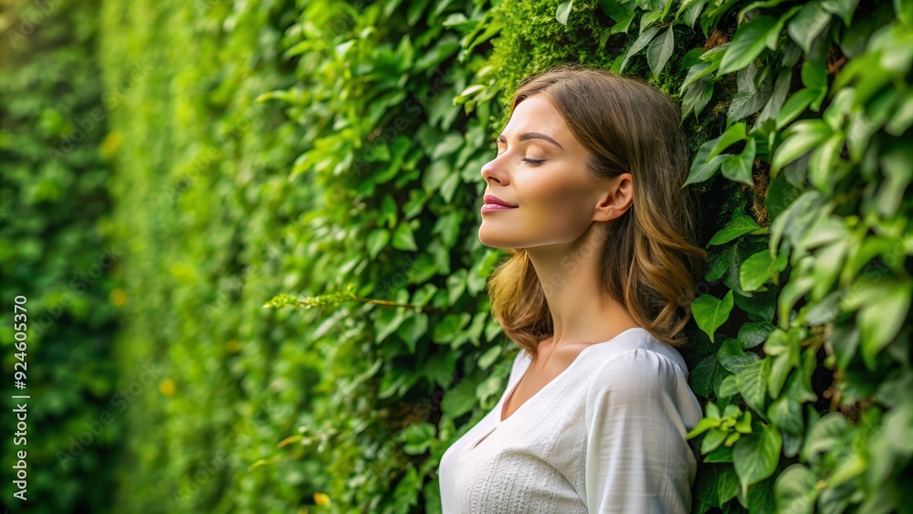 Serene woman with eyes closed stands against a lush green leafy wall, embodying relaxation, tranquility, and a perfect work-life balance, in a calm, natural setting. Serene woman with eyes closed stands against a lush green leafy wall, embodying relaxation, tranquility, and a perfect work-life balance, in a calm, natural setting.