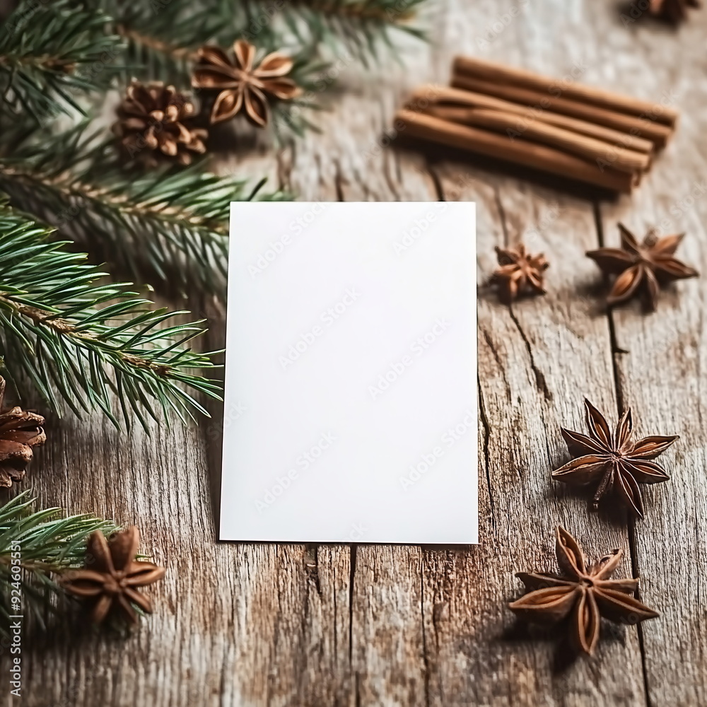 Christmas card mockup. Blank white card on rustic wooden table with fir branches, cinnamon sticks, and star anise. Square background with copy space for social media post. New Year banner invite Christmas card mockup. Blank white card on rustic wooden table with fir branches, cinnamon sticks, and star anise. Square background with copy space for social media post. New Year banner invite