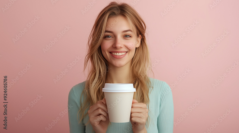 Businesswoman on hand holding white mock up of coffee cup on pastel backdrop, smiling Businesswoman on hand holding white mock up of coffee cup on pastel backdrop, smiling