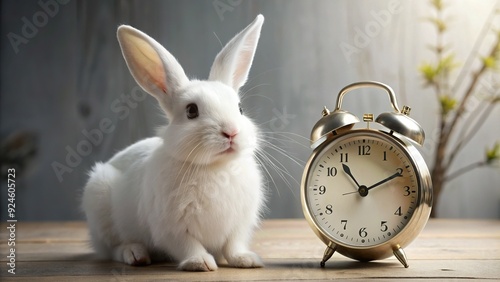 Innocence and Haste: The white rabbit embodies innocence, while the clock represents urgency, creating a dynamic contrast between childhood and adulthood. photo