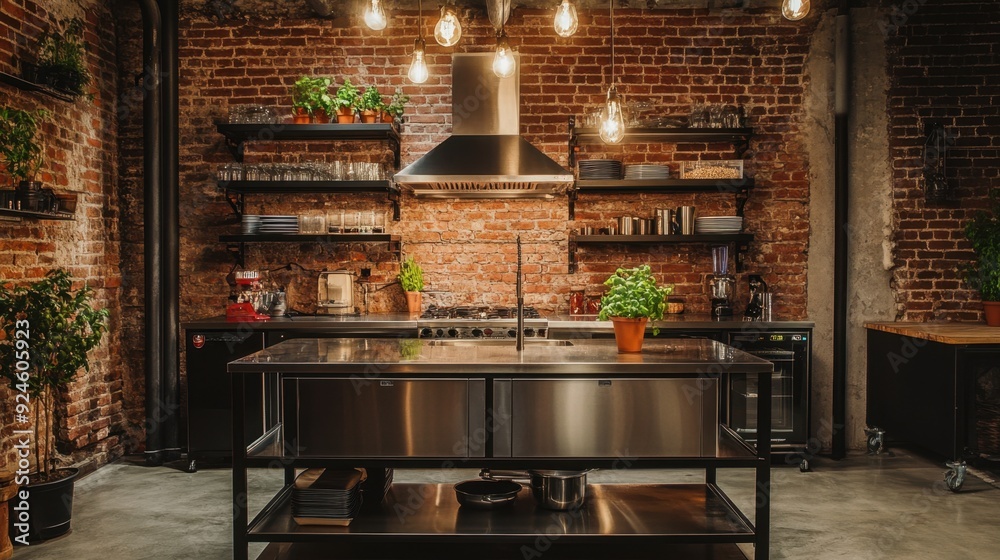 A kitchen with a stainless steel island and a brick wall A kitchen with a stainless steel island and a brick wall