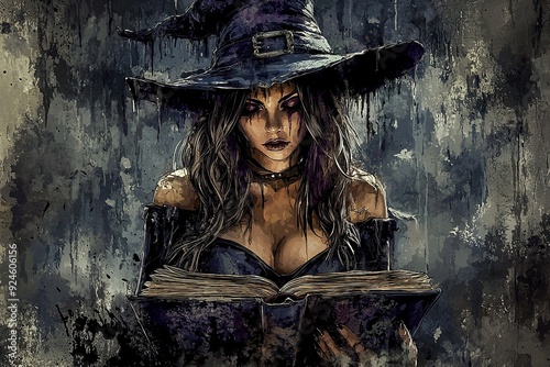 Halloween sexy Witch wearing sexy clothes and wiches hat with magic Book of spells. Ai Generative photo