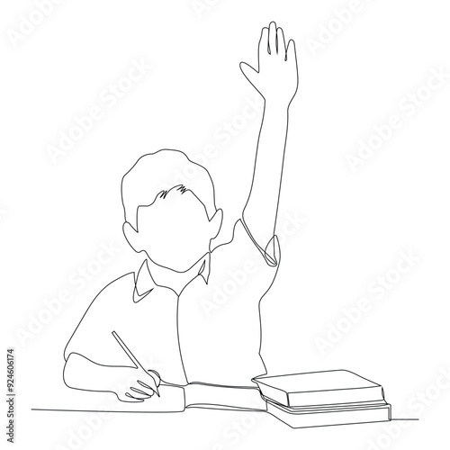 Continuous one line drawing of a Happy boy sitting in class raises his hand. 