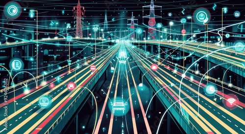 Futuristic Cityscape with Connected Cars and Smart Infrastructure