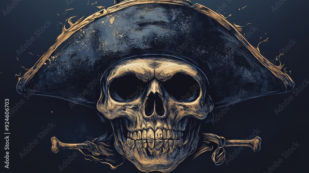 Fototapeta premium Pirate captain mask with tricorn hat, spooky Halloween party accessory, detailed illustration, dark tones, isolated on white background