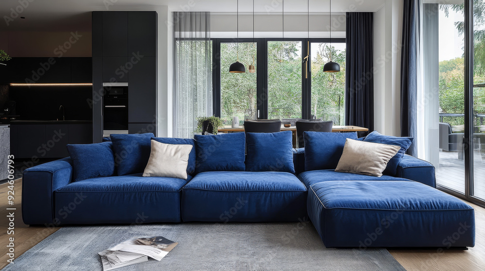 Fototapeta premium A spacious living room featuring a large, blue, and cozy corner sofa. The room is highlighted by big windows that open up to a dark-toned kitchen,