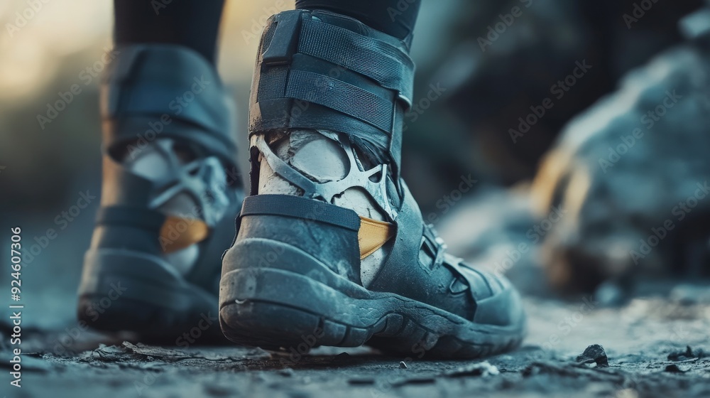A person is outside wearing a supportive boot on their fractured foot, surrounded by rocky terrain during twilight, sprained arm and sprained leg, treatment with bandage and dressing A person is outside wearing a supportive boot on their fractured foot, surrounded by rocky terrain during twilight, sprained arm and sprained leg, treatment with bandage and dressing
