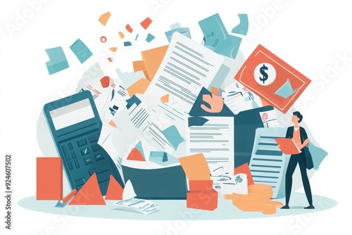 A chaotic scene of paperwork and financial documents with a calculator, illustrating the burden of accounting tasks.