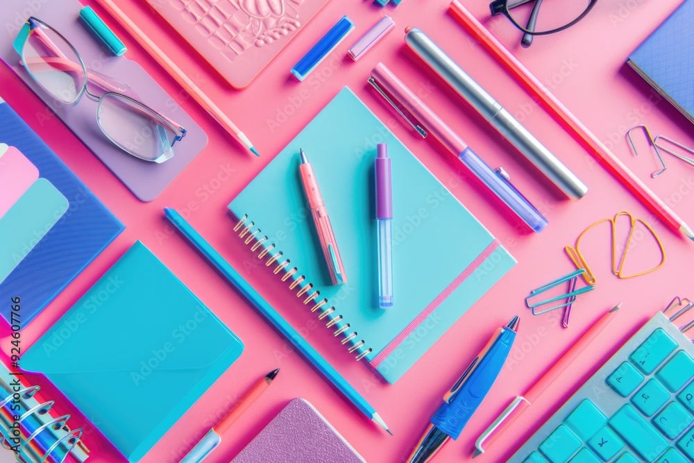 Variety of stationery items on pink surface Variety of stationery items on pink surface