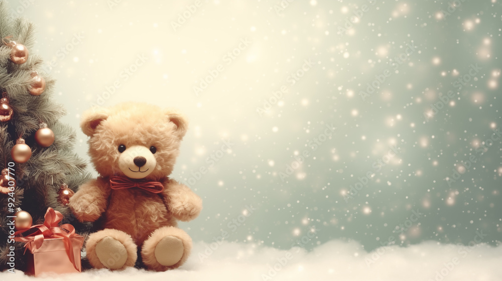 Cozy Christmas Scene with Teddy Bear, Decorated Tree, and Snowy Background for Holiday Celebrations Cozy Christmas Scene with Teddy Bear, Decorated Tree, and Snowy Background for Holiday Celebrations