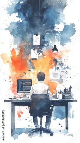A creative workspace with a person at a desk, surrounded by vibrant colors and papers, symbolizing innovation and inspiration.