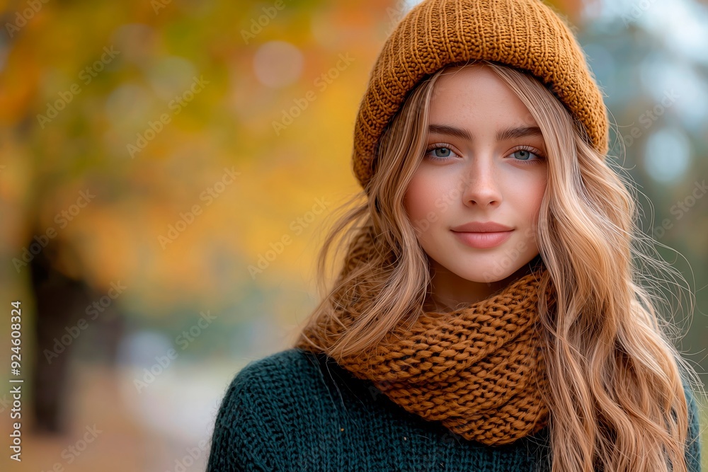 Young woman in warm attire with autumn leaves in the background on a sunny fall day, copy space for text, fashion model, autumnal clothes, wardrobe changing Young woman in warm attire with autumn leaves in the background on a sunny fall day, copy space for text, fashion model, autumnal clothes, wardrobe changing